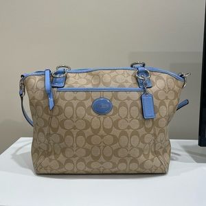 Coach F 19816 Peyton Pocket Canvas Leather Tote Bag || Beige + Blue